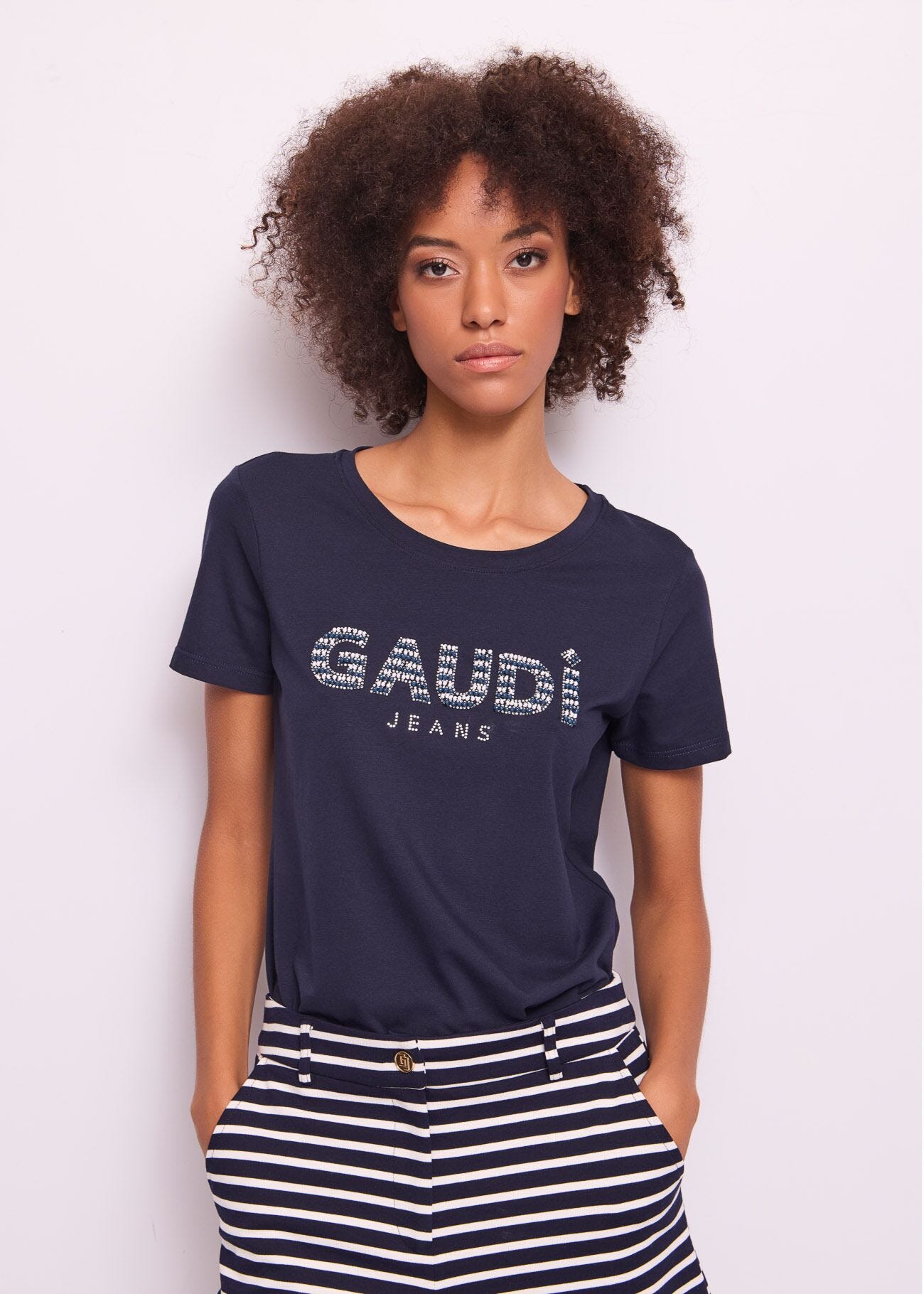 Women\'s blue cotton T-shirt with logo Gaudì
