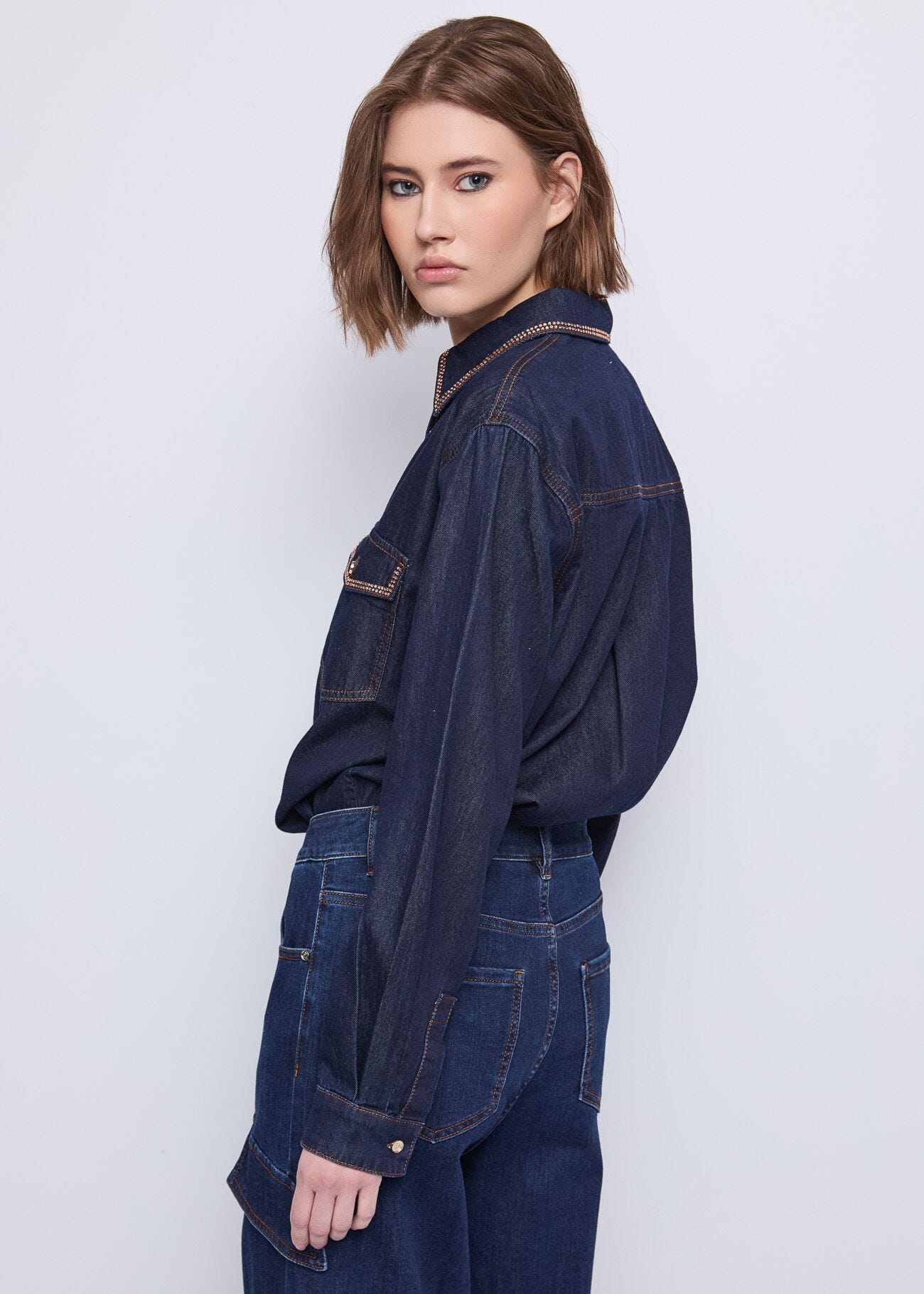 Women\'s denim shirt with rhinestones Gaudì
