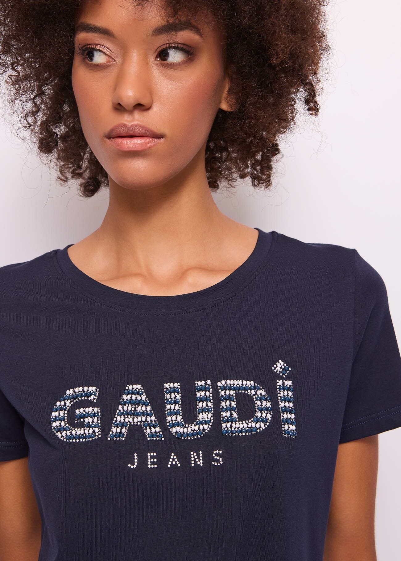 Women\'s blue cotton T-shirt with logo Gaudì