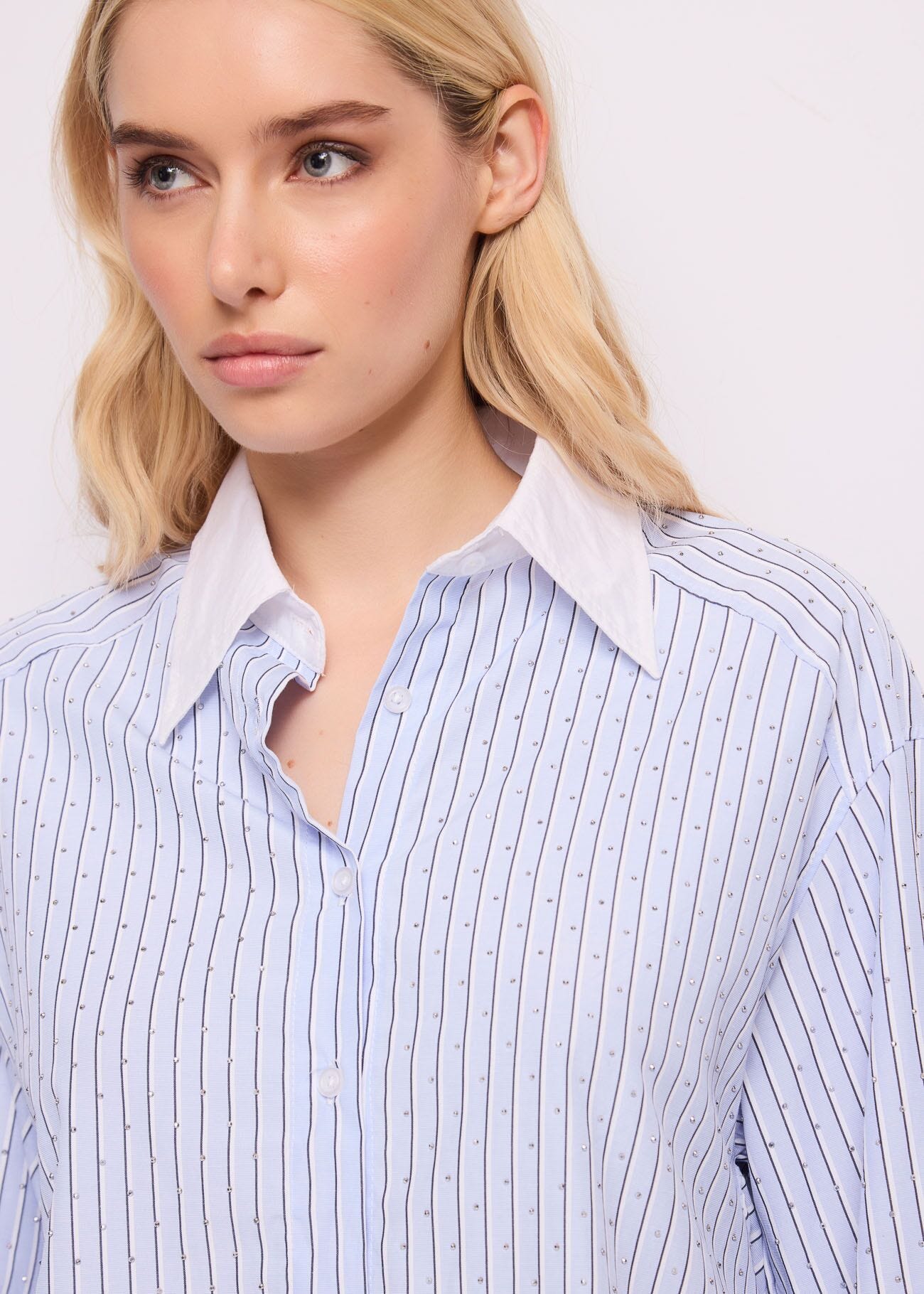Women\'s striped cotton shirt with rhinestones Gaudì