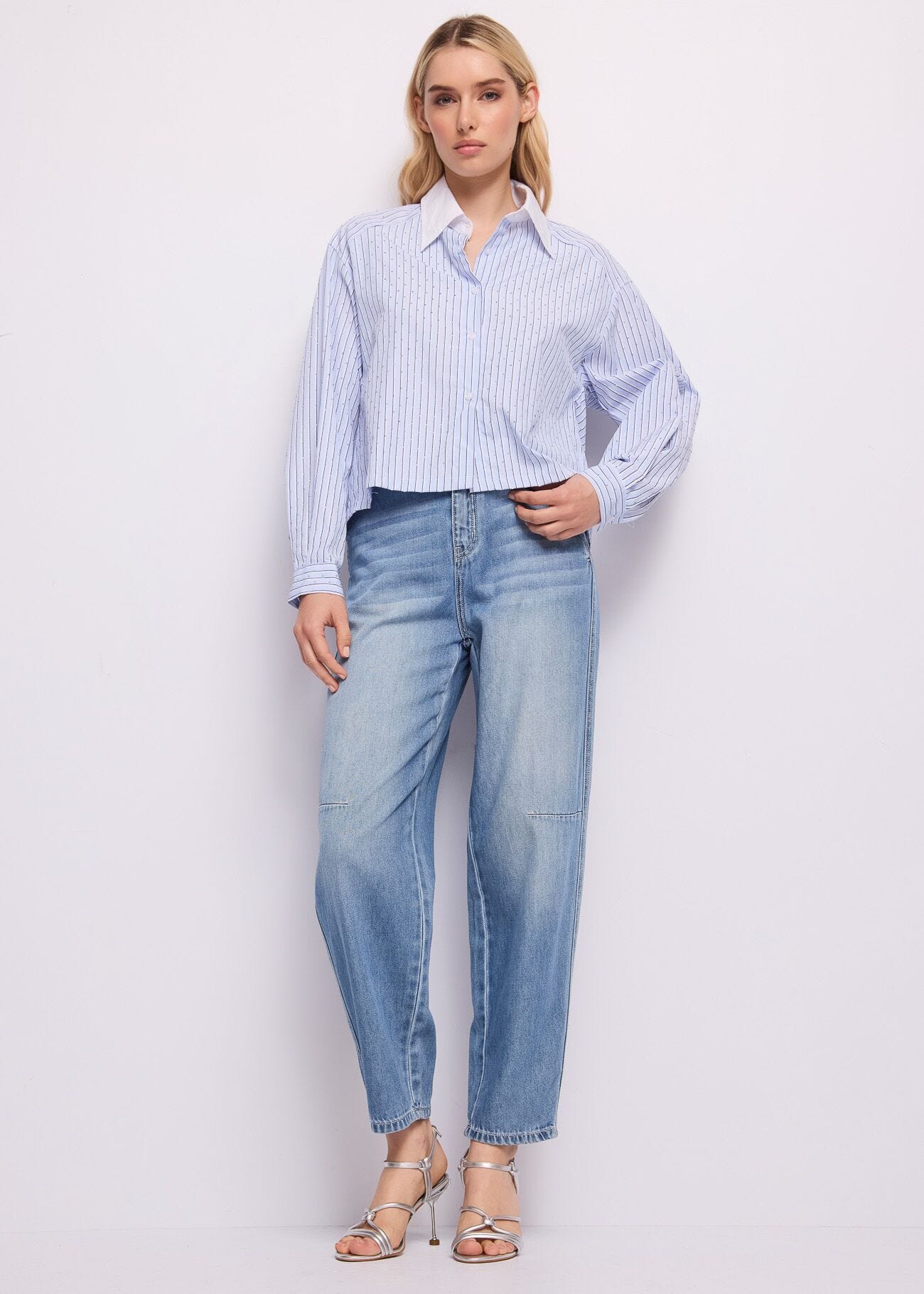 Women\'s striped cotton shirt with rhinestones Gaudì